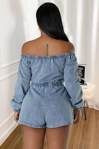 Off-Shoulder Denim Romper with Zipper Pockets