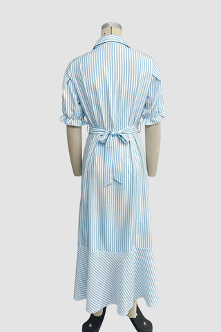 Striped Puff-Sleeve Midi Dress