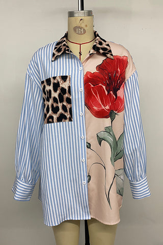 Mixed-Print Button-Up Blouse