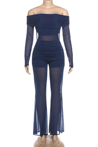 Off-Shoulder Sheer Panel Jumpsuit