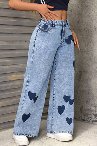 Wide Leg Heart Pattern Jeans