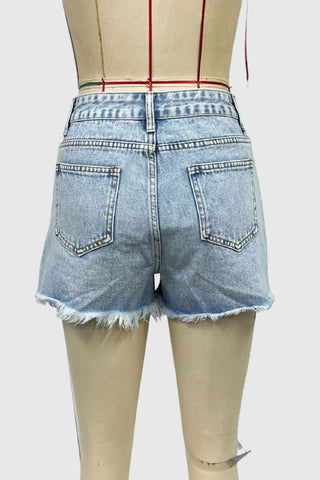 Patterned Denim Shorts with Distressed Hem