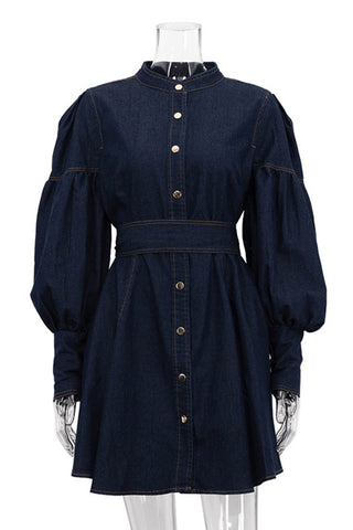 Button-Down Puff Sleeve Denim Dress