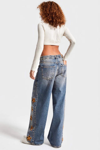 Floral Detail Wide Leg Jeans