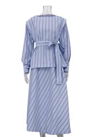 Striped Belted Skirt Set with Long Sleeves