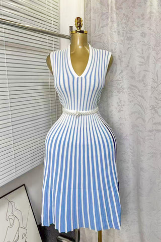 Striped V-Neck Belted Dress