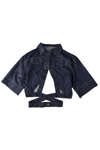 Open-Front Denim Jacket with Ring Detail