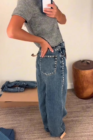 Studded Pocket Straight-Leg Jeans