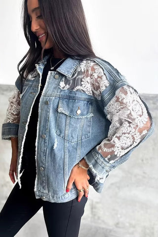 Lace Sleeve Denim Jacket