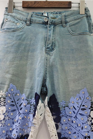 Lace-Panel Straight Jeans