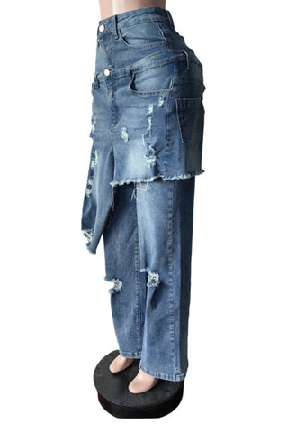Distressed Jeans with Skirt Overlay