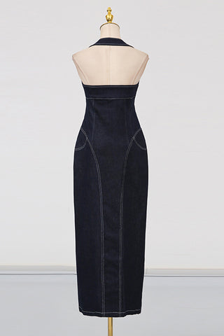 Zip-Front Denim Halter Dress