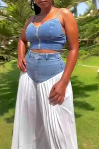 Pleated Wide-Leg Pants Set with Denim Top