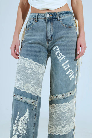 Lace Accent Straight Jeans
