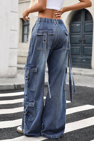 Stylish Wide-Leg Denim Cargo Pants