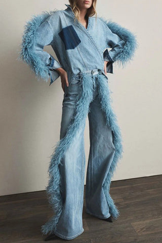 Feather-Trim Straight Leg Denim Jeans