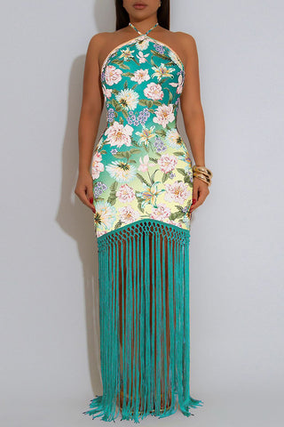 Floral Halter Fringe Casual Dress