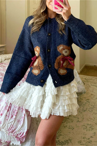 Bear-Pattern Button Cardigan