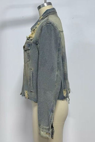 Distressed Denim Jacket with Button Closure