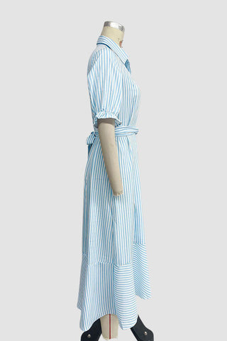 Striped Puff-Sleeve Midi Dress