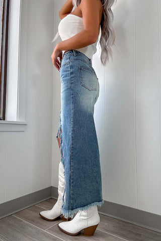 Distressed High-Low Denim Skirt