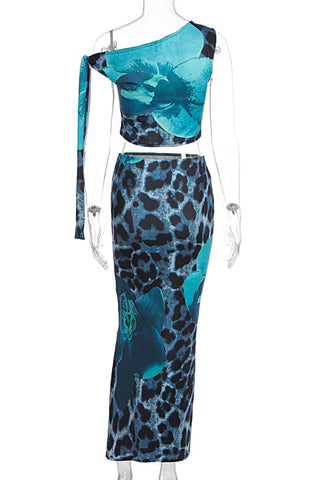 One-Shoulder Leopard Print Skirt Set