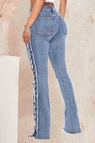 Distressed Lace-Up Straight Jeans