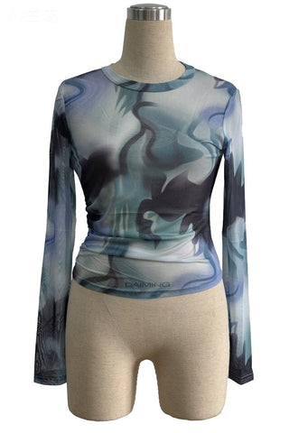 Abstract Print Long Sleeve Mesh Top