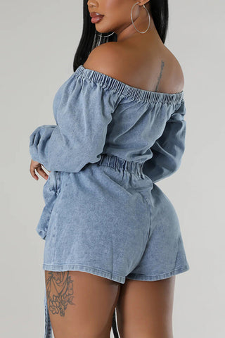 Off-Shoulder Denim Romper with Zipper Pockets