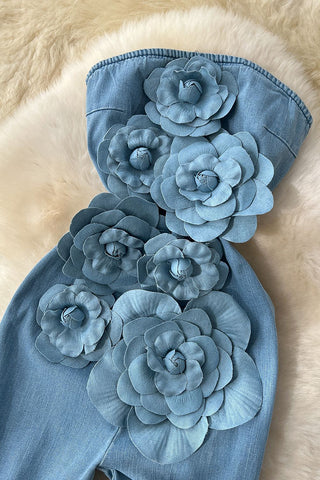 3D Floral Denim Jumpsuit