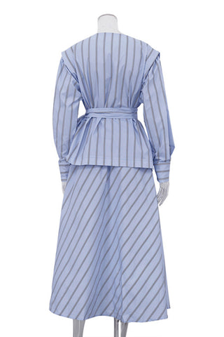 Striped Belted Skirt Set with Long Sleeves