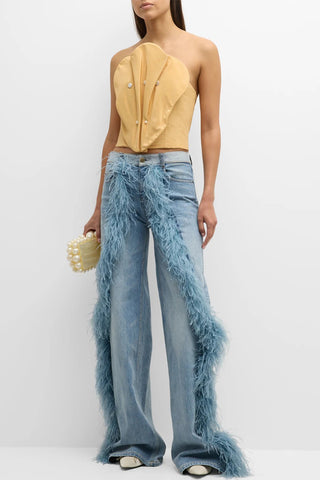 Feather-Trim Straight Leg Denim Jeans