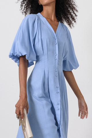 Puff-Sleeve Buttoned Casual Dress