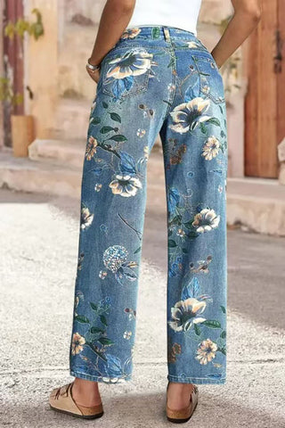 Floral Pattern High-Waisted Jeans