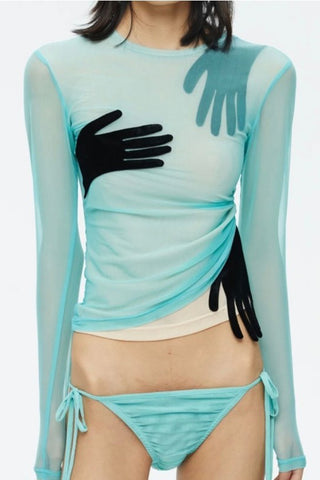 Sheer Mesh Top with Glove Print