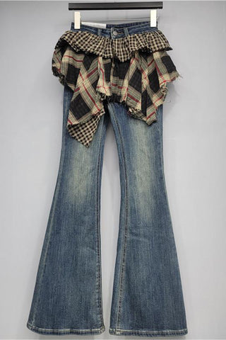 Flare Denim Jeans with Plaid Accent