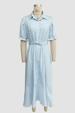 Striped Puff-Sleeve Midi Dress