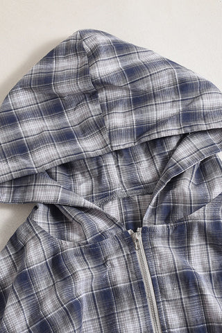 Zip-Up Plaid Shacket with Drawstring Waist