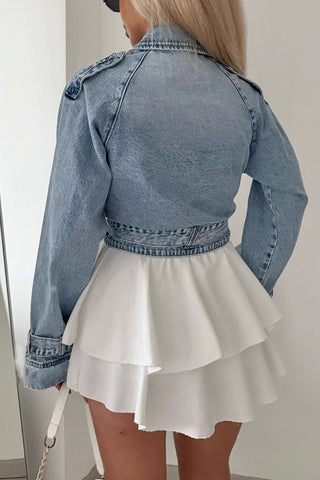 Belted Denim Blazer with Frayed Cuffs