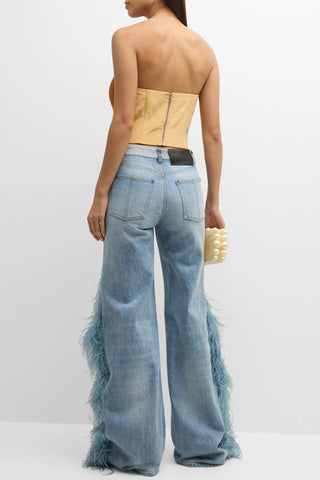 Feather-Trim Straight Leg Denim Jeans
