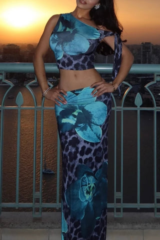 One-Shoulder Leopard Print Skirt Set
