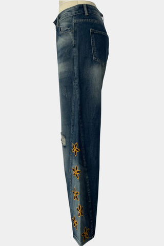 Floral Detail Wide Leg Jeans