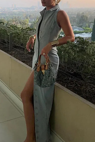 Sleeveless Denim Button-Front Dress