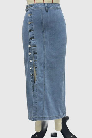 Button-Front Denim Midi Skirt
