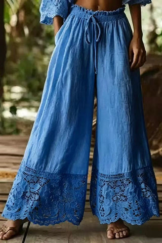 Lace Trim Wide-Leg Casual Pants