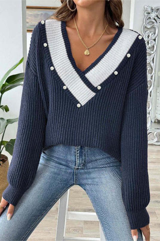 Pearl Accented V-Neck Sweater