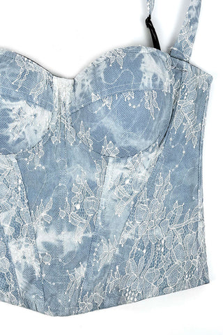 Lace-Overlay Denim Bustier Top