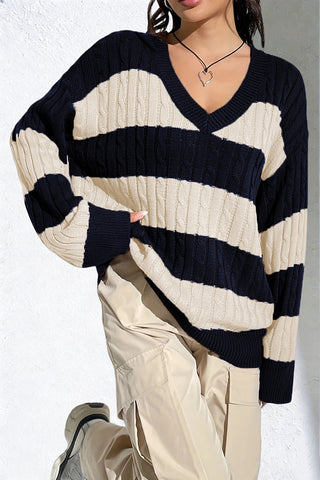 Striped V-Neck Cable Sweater