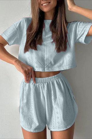 Eyelet Crop Top and Elastic Waist Shorts Set