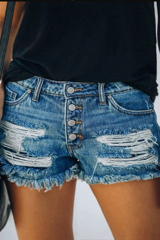 Distressed Button-Front Denim Shorts